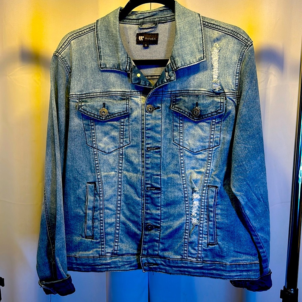 Men’s small denim jacket with distressed, look, light, blue and color